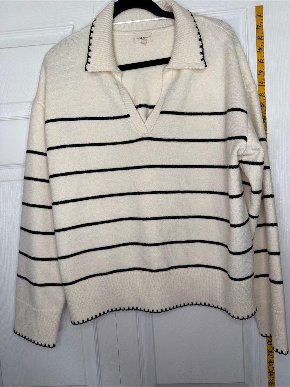 Thread & Supply Cream V-Neck Sweater with Black Stripes